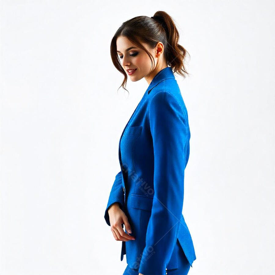 Foto Mulher Jovem Empresária Terno Azul Olhando Baixo Estúdio
