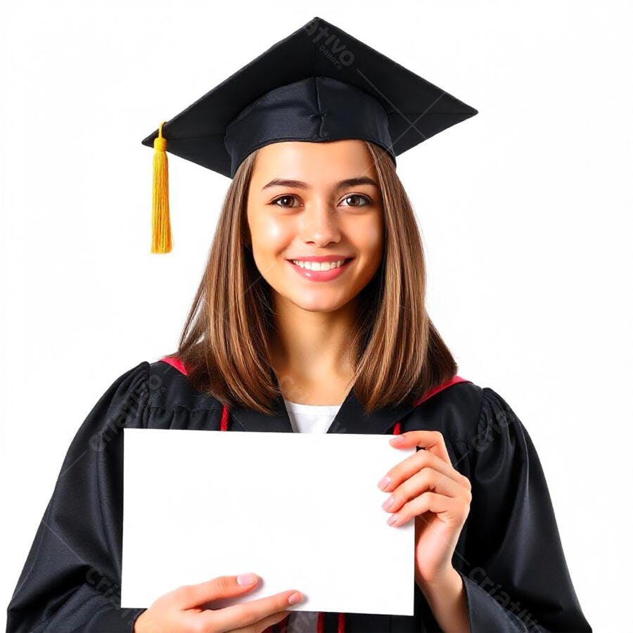 Foto Mulher Jovem Formanda Sorrindo Segurando Diploma Fundo Branco