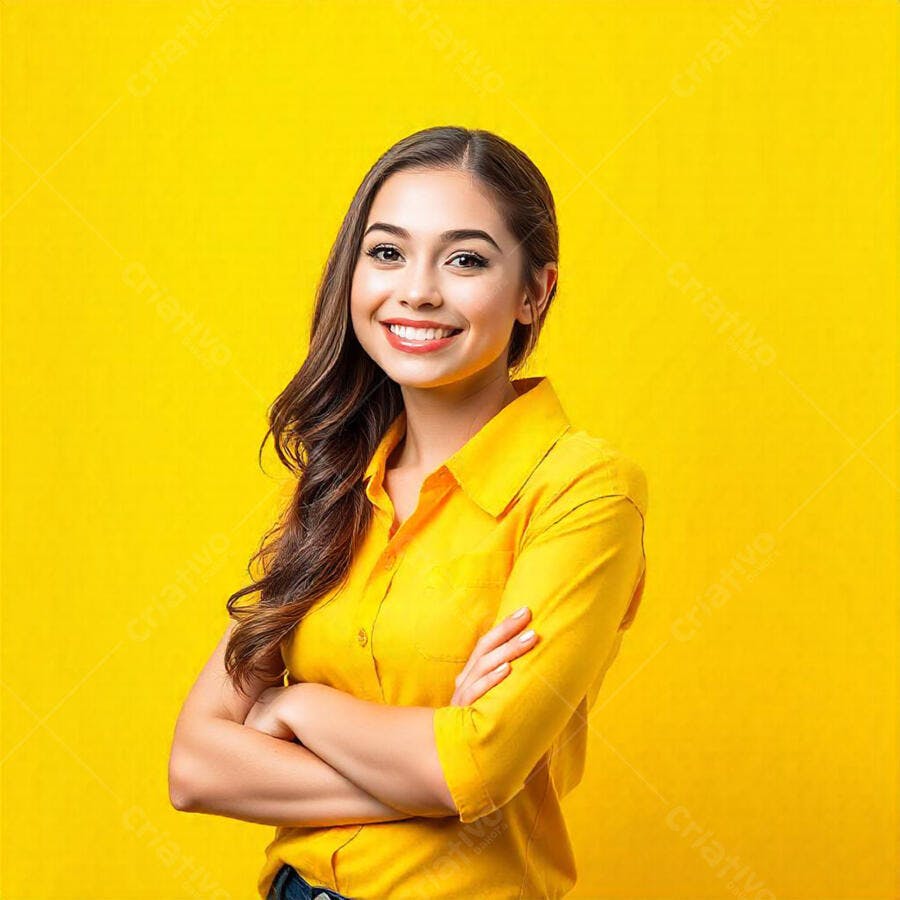 Foto Mulher Jovem Sorrindo Braços Cruzados Fundo Amarelo Estúdio
