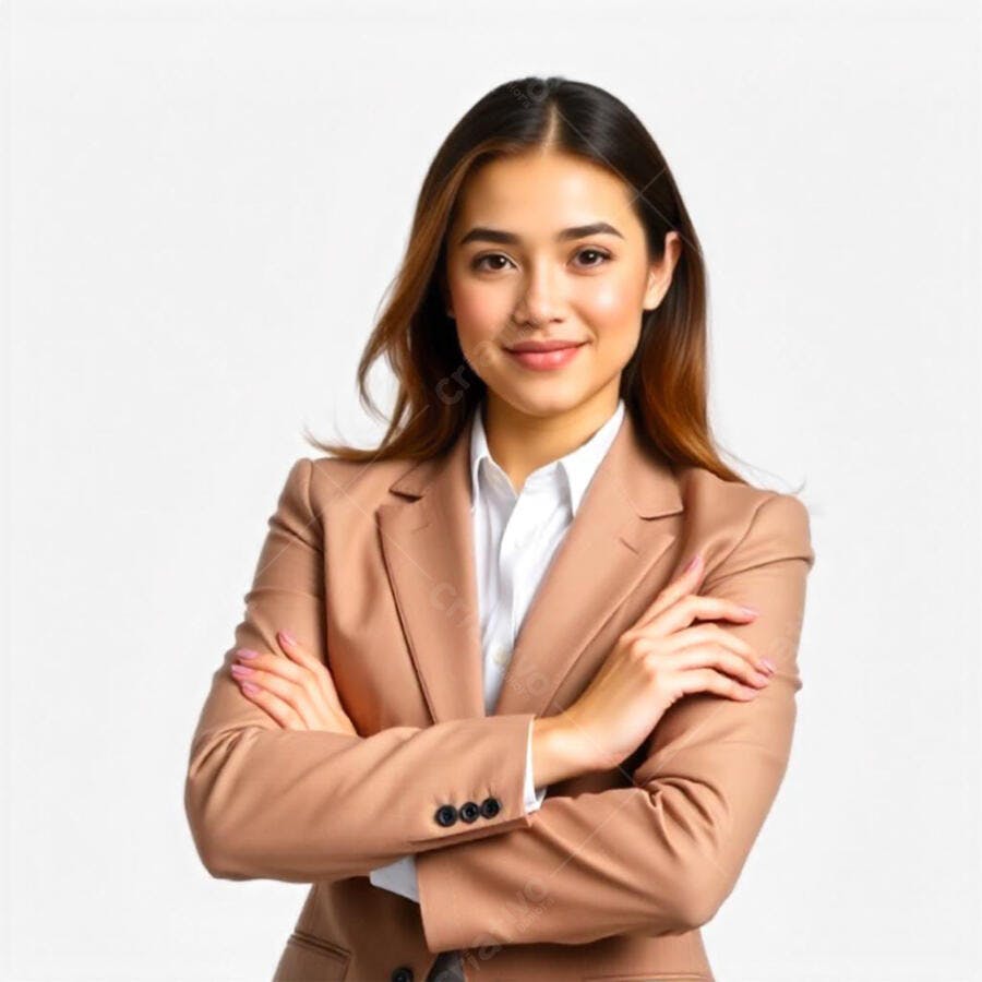 Foto Mulher Jovem Sorrindo Braços Cruzados Fundo Branco