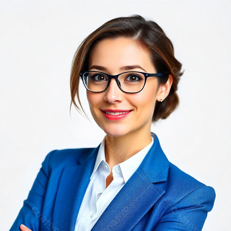 Foto Mulher Jovem Sorrindo Óculos Blazer Azul Fundo Branco