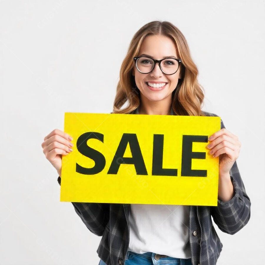 Foto Mulher Jovem Sorrindo Segurando Placa SALE Amarela