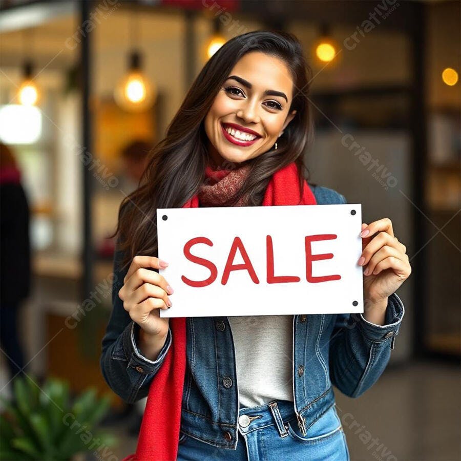 Foto Mulher Jovem Sorrindo Segurando Placa SALE Loja