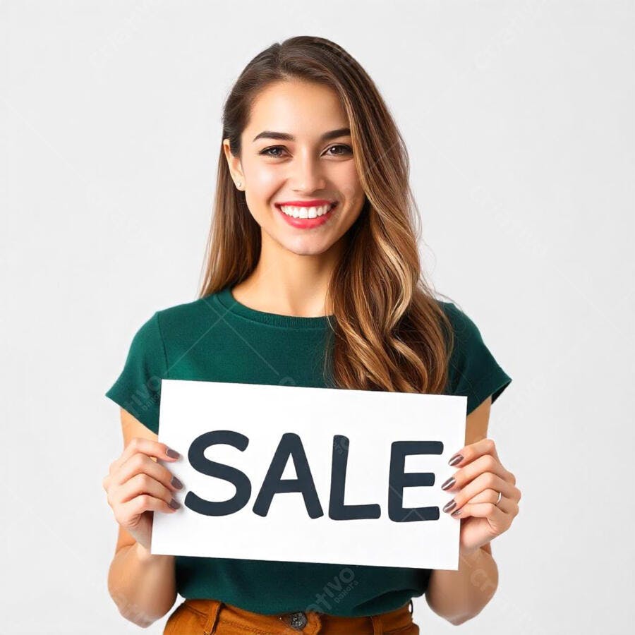 Foto Mulher Jovem Sorrindo Segurando Placa Sale Promoção