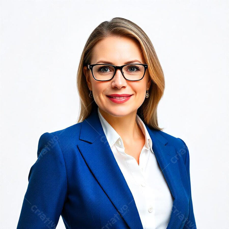 Foto Mulher Loira Sorrindo Óculos Blazer Azul Fundo Branco