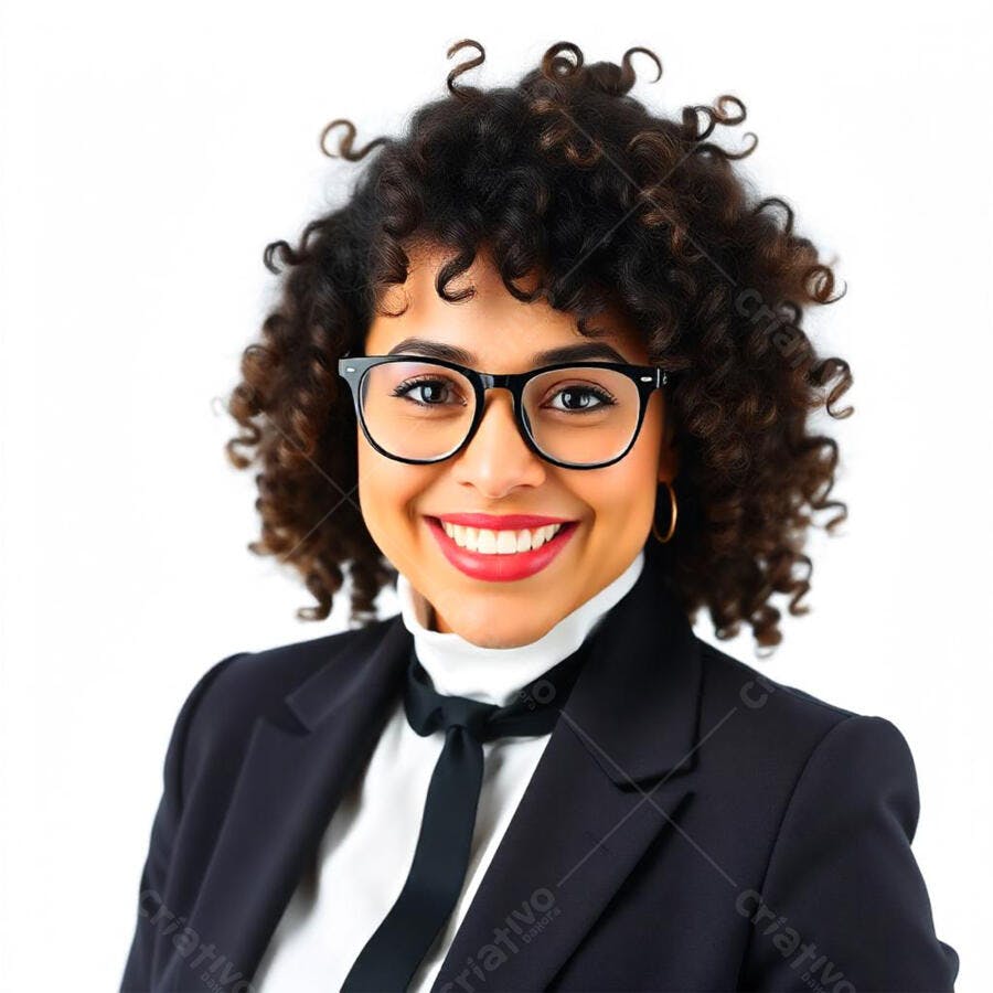 Foto Mulher Negra Sorrindo Óculos Cabelo Cacheado Fundo Branco