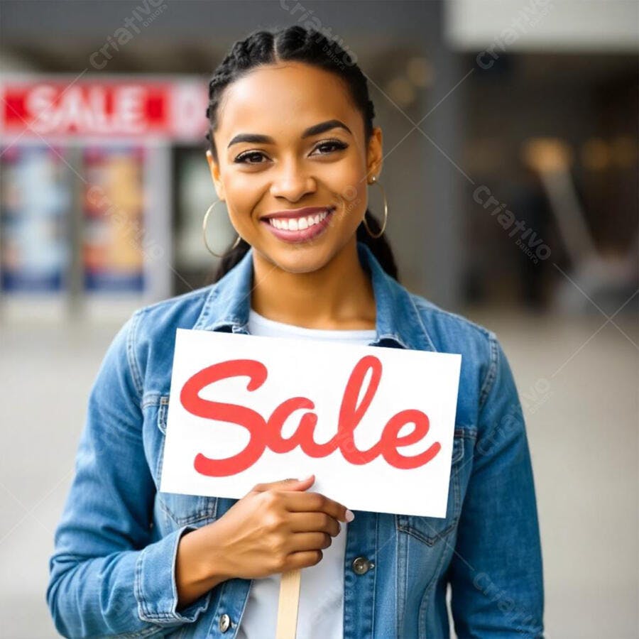 Foto Mulher Negra Sorrindo Segurando Placa Sale Promoção Loja