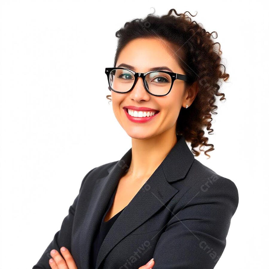 Foto Mulher Sorrindo Óculos Braços Cruzados Fundo Branco