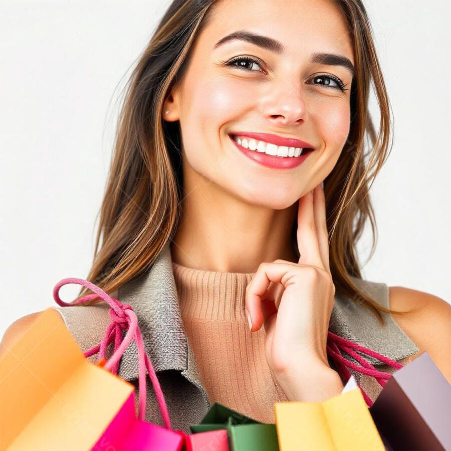 Foto Mulher Sorrindo Sacolas de Compras Fundo Branco