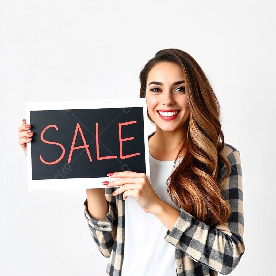 Foto Mulher Sorrindo Segurando Placa SALE Promoção