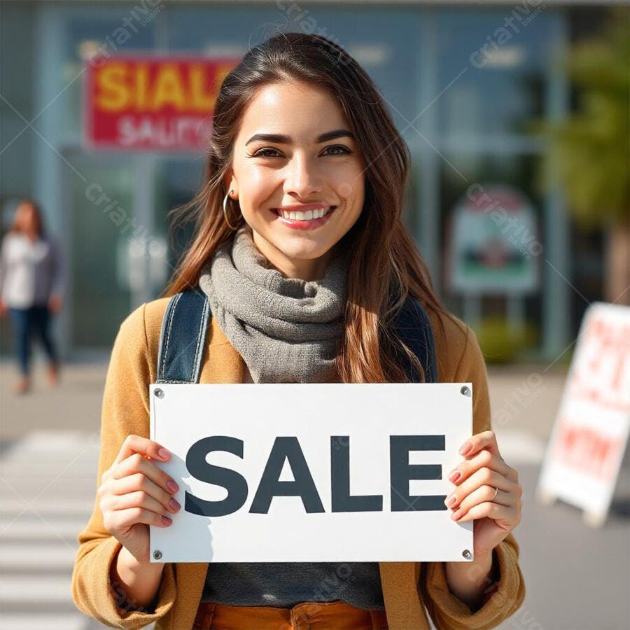 Foto Mulher Sorrindo Segurando Placa SALE Rua Comércio