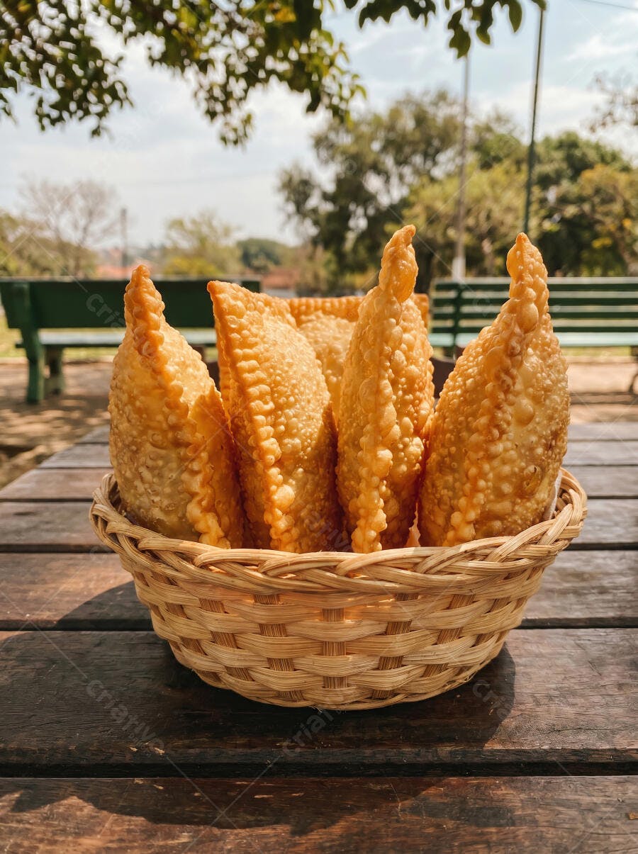 Foto Pastéis Fritos Cesta de Vime Mesa de Madeira Parque