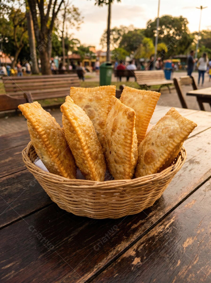Foto Pastéis Fritos Cesta Mesa de Madeira Parque Pôr do Sol