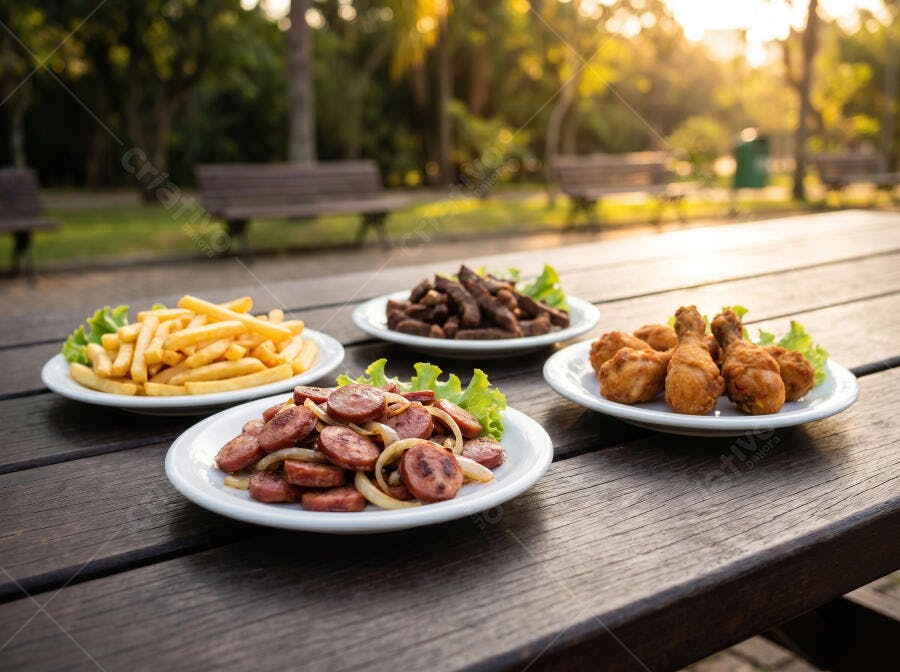 Foto Porções Comida de Boteco Batata Frita Frango Linguiça Parque