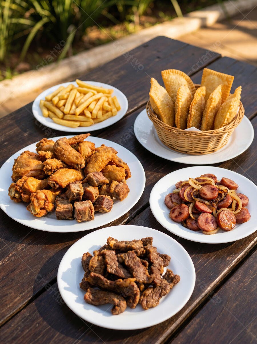 Foto Porções Variadas Fritas Petiscos Brasileiros Mesa Madeira