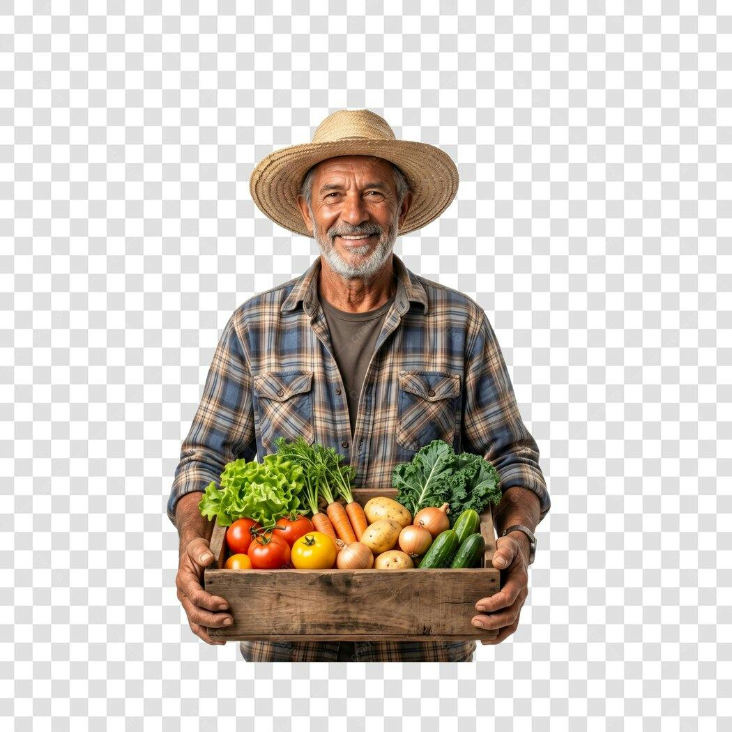 Foto Recortada Fazendeiro Idoso Cesta Legumes PNG Fundo Transparente