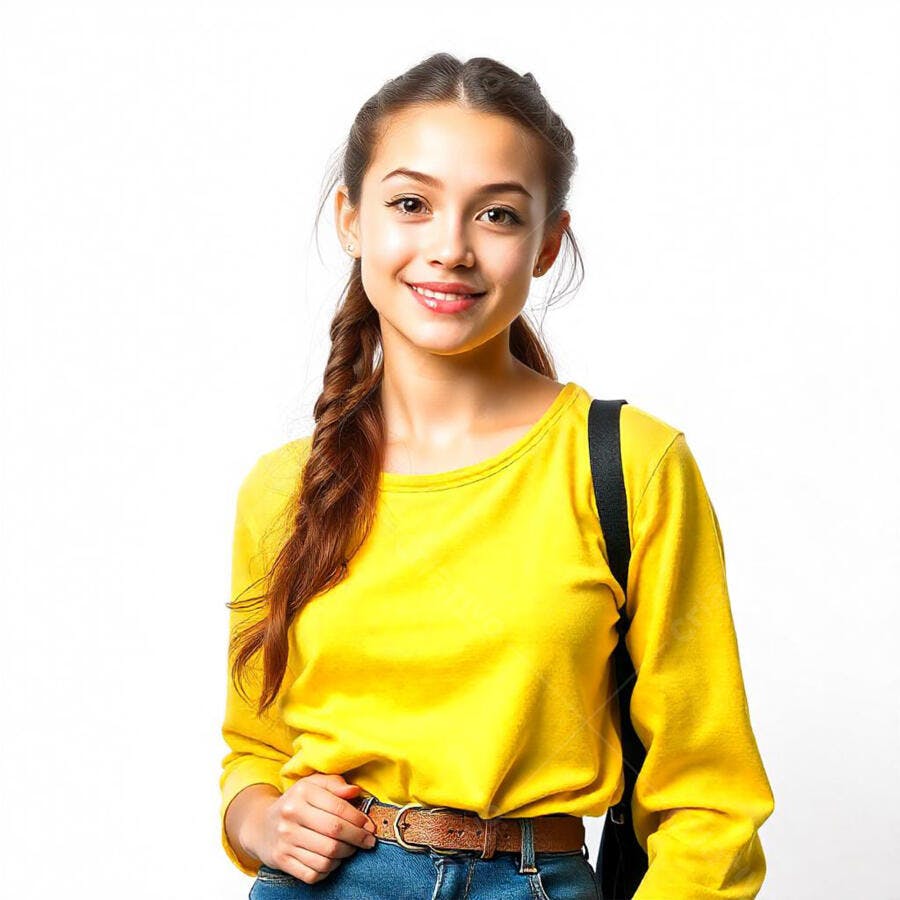 Foto Retrato Jovem Mulher Sorrindo Fundo Branco Estúdio