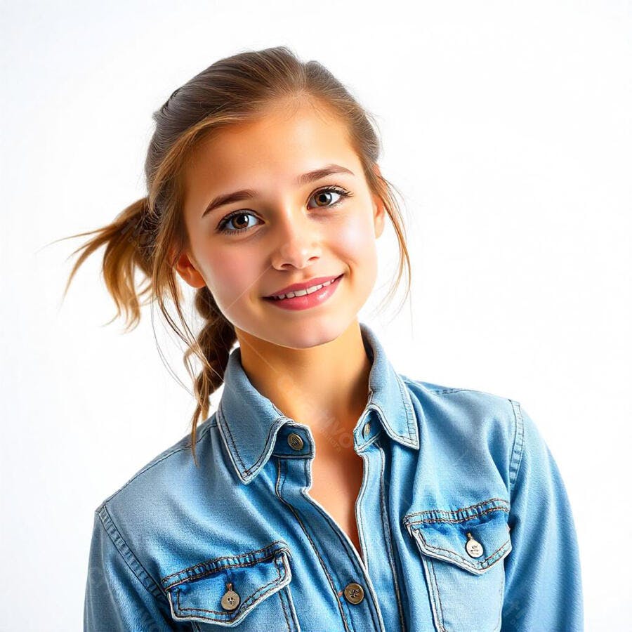 Foto Retrato Menina Adolescente Sorrindo Fundo Branco Casual