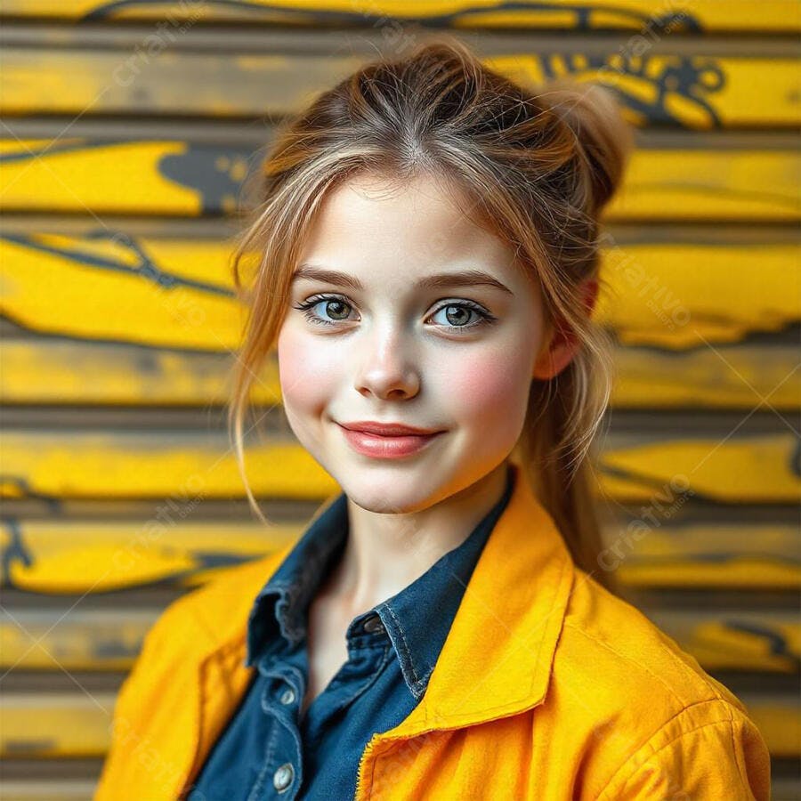 Foto Retrato Menina Jovem Sorrindo Jaqueta Amarela Fundo Urbano