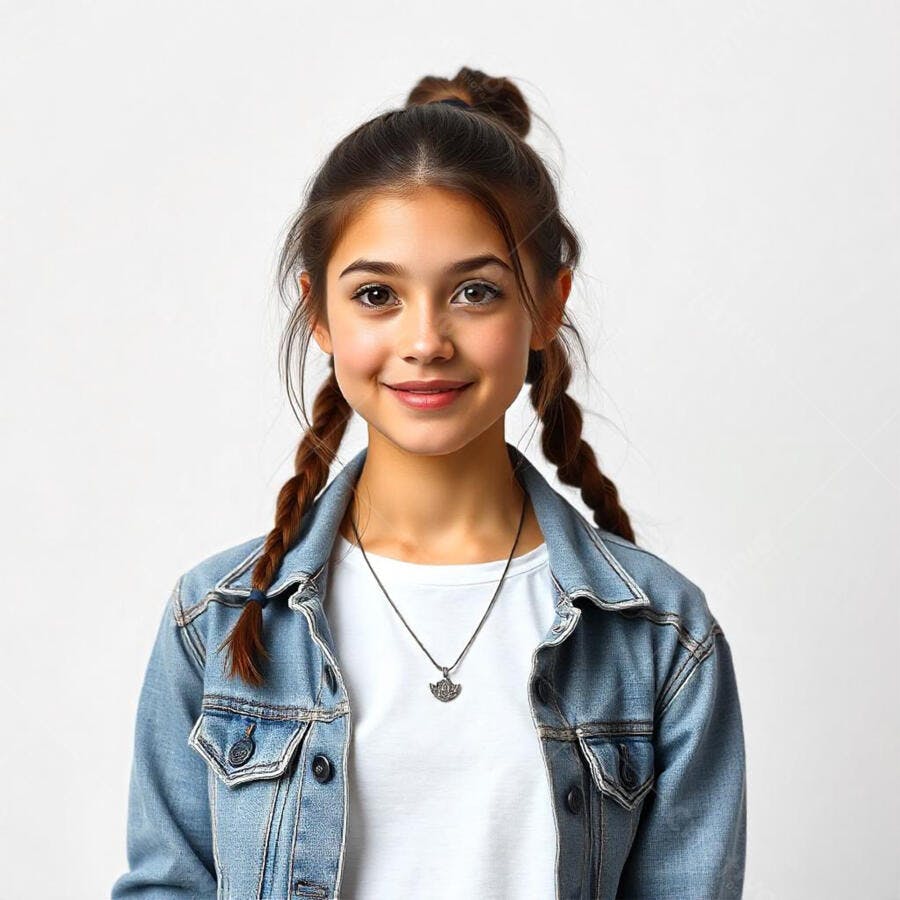 Foto Retrato Menina Sorrindo Tranças Jaqueta Jeans Fundo Branco