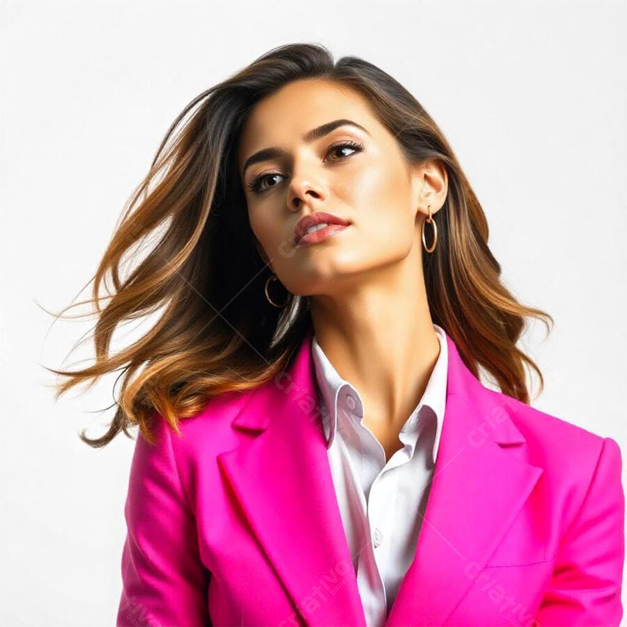 Foto Retrato Mulher Jovem Profissional Blazer Rosa Fundo Branco