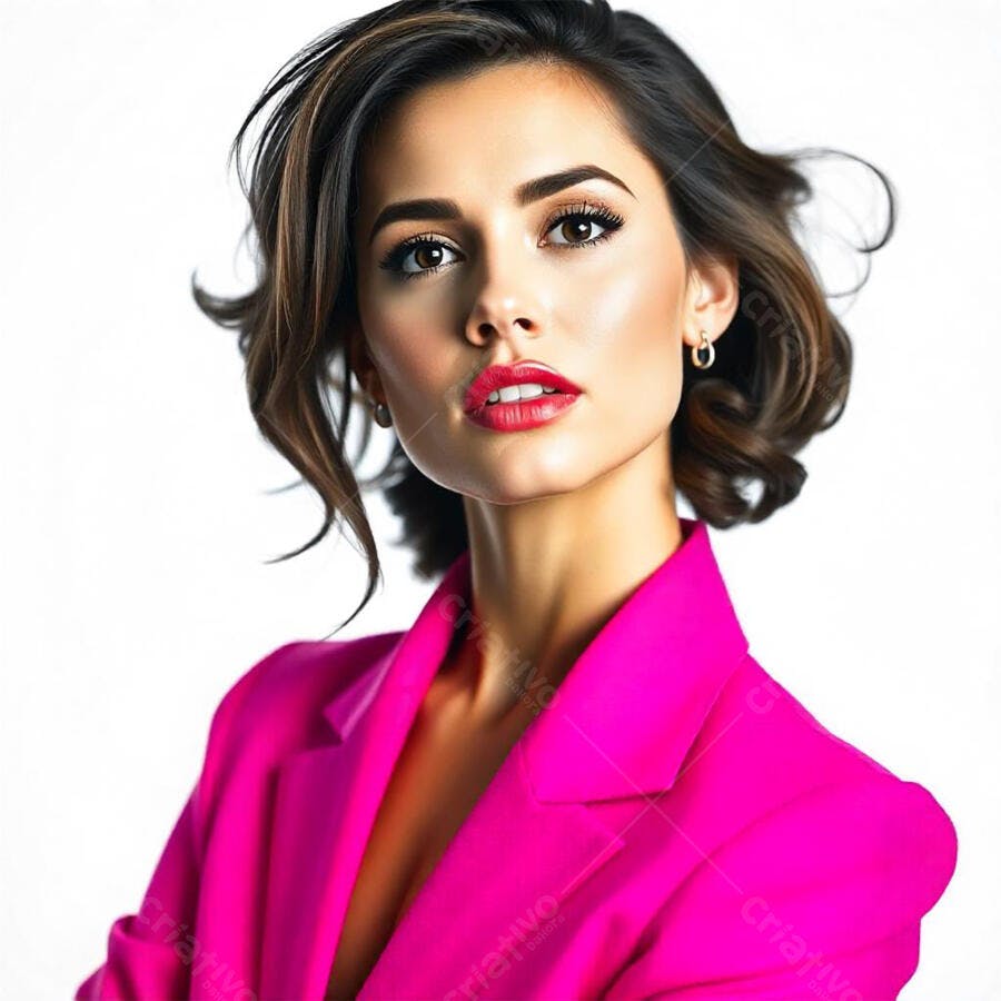Foto Retrato Mulher Jovem Profissional Blazer Rosa Fundo Branco