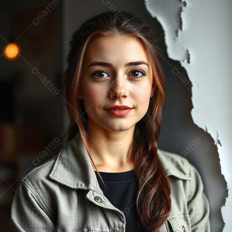 Foto Retrato Mulher Jovem Sorrindo Olhando Câmera Fundo Escuro