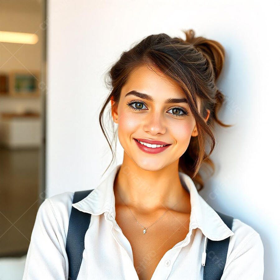 Foto Retrato Mulher Jovem Sorrindo Olhos Verdes Fundo Branco