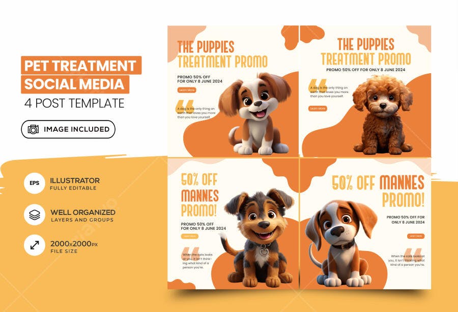Kit Posts Redes Sociais Pet Shop Cães Filhotes Laranja