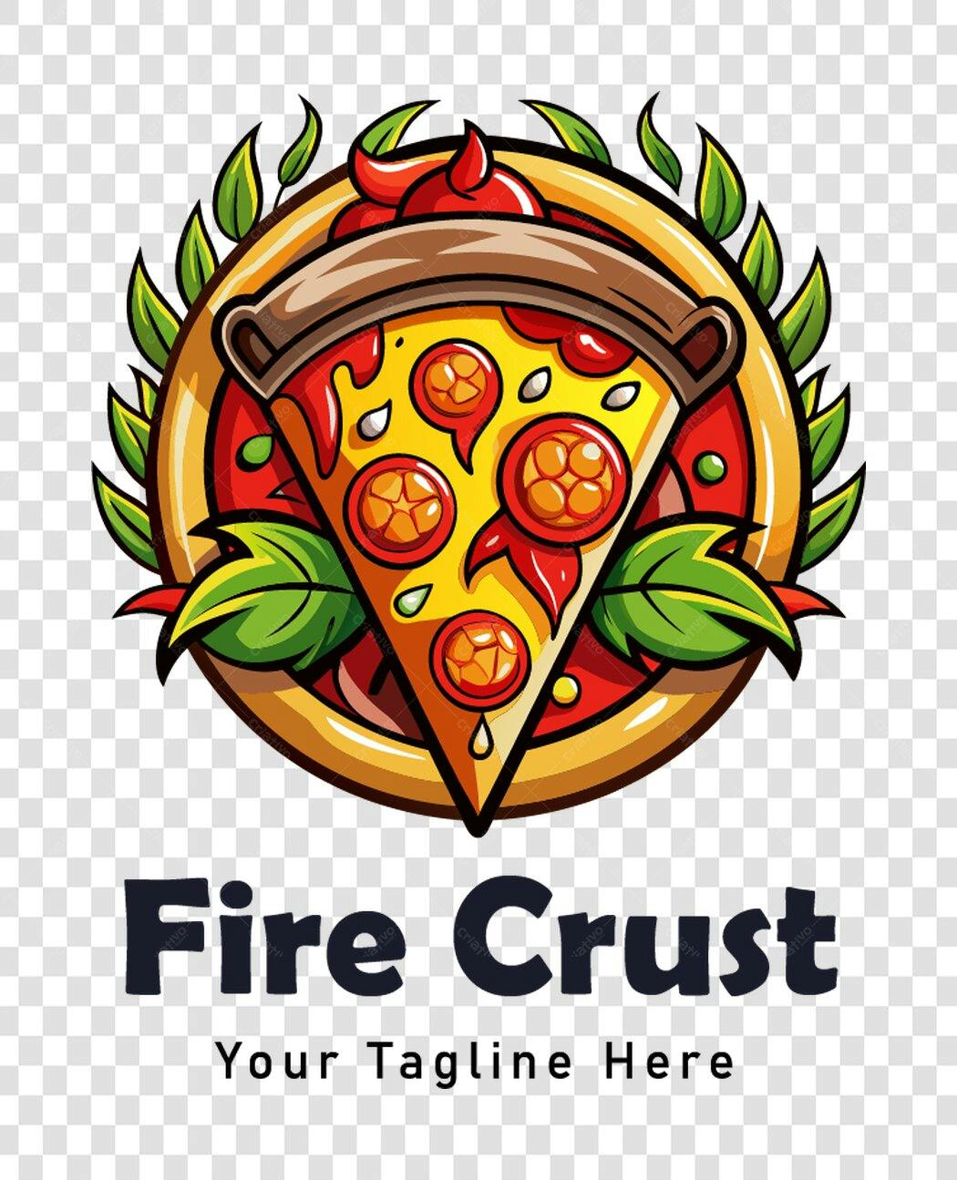 Logo Pizza Fatia com Folhas Verdes PNG Fundo Transparente