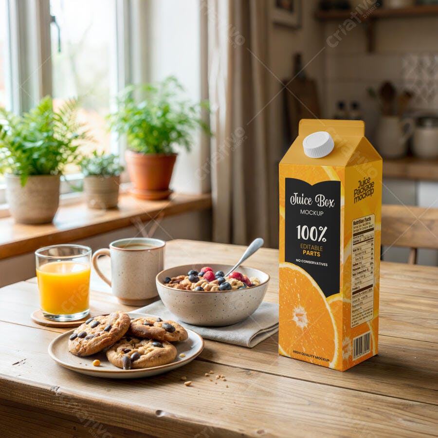Mockup Caixa Suco Laranja Mesa Madeira Lifestyle Editável