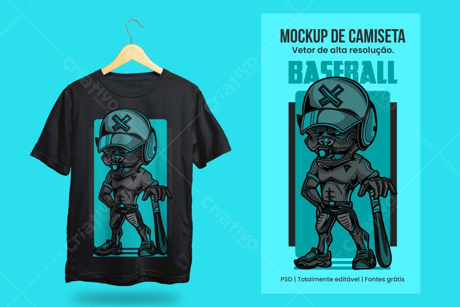 Mockup Camiseta Baseball Personagem Esportivo PSD Editável