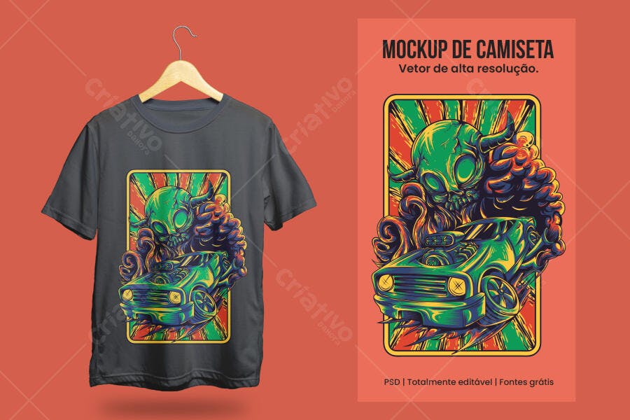Mockup Camiseta Carro Caveira Estilo Vintage PSD Editável