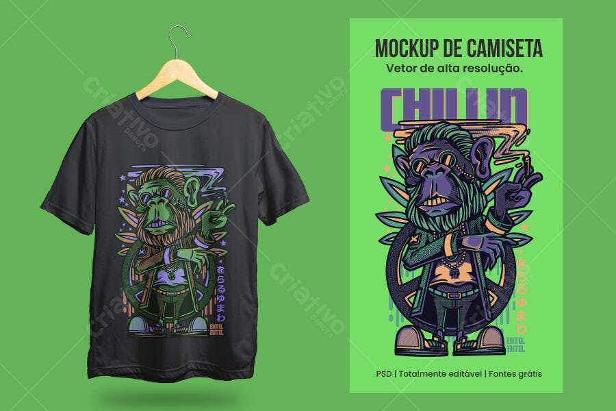 Mockup Camiseta Macaco Chillin Estilo Urbano PSD Editável