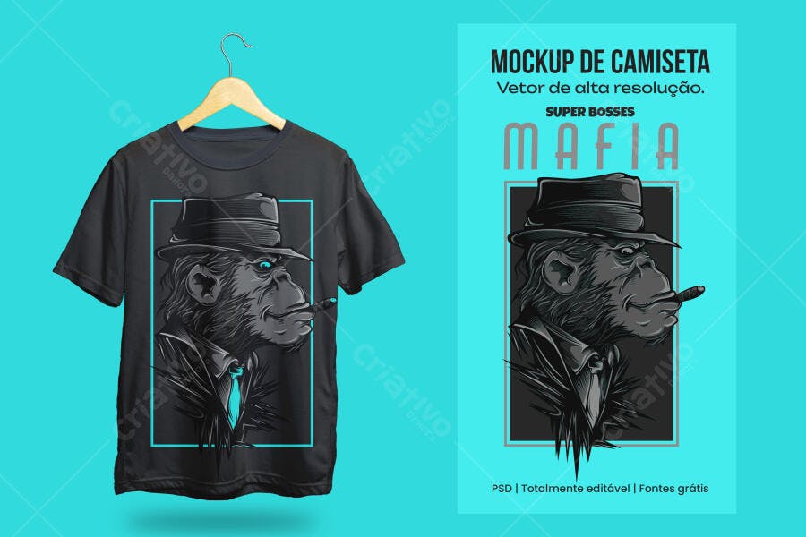 Mockup Camiseta Macaco Gangster Mafia PSD Editável