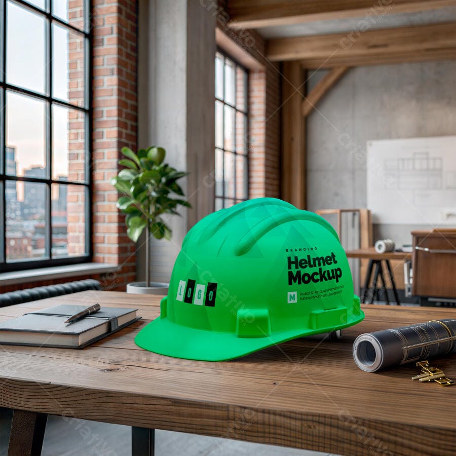 Mockup Capacete Construção Verde Mesa Madeira Editável