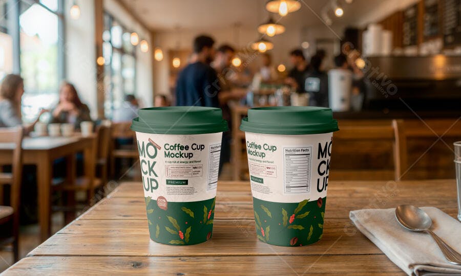 Mockup Copo Café Descartável Cafeteria Mesa Madeira Editável