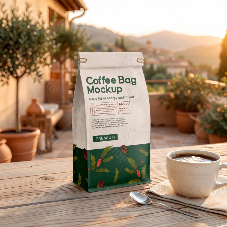 Mockup Embalagem Café Saco Papel Mesa Madeira Editável