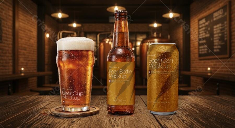 Mockup Garrafa Lata Copo Cerveja Mesa Madeira Bar Editável
