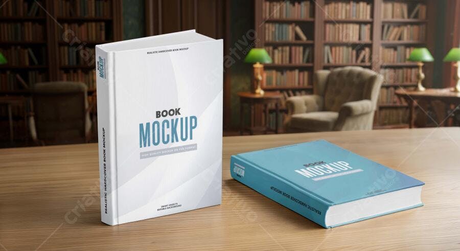 Mockup Livro Capa Dura Mesa Madeira Biblioteca Editável