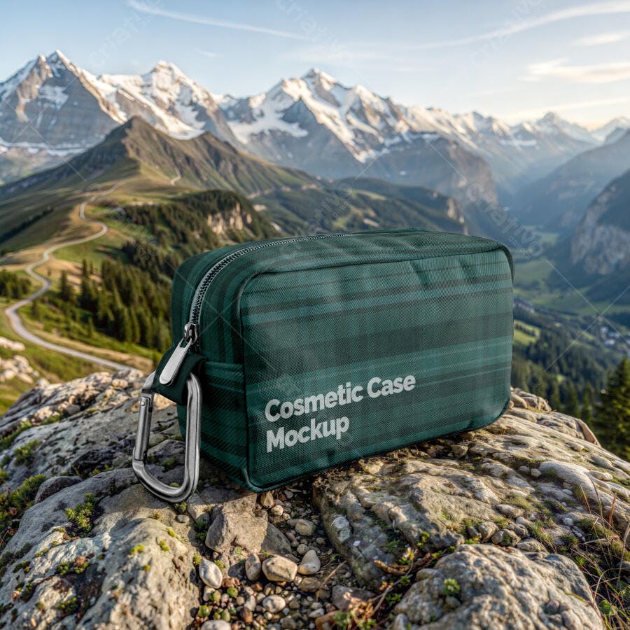 Mockup Necessaire Tecido Verde Cenário Montanhas Editável