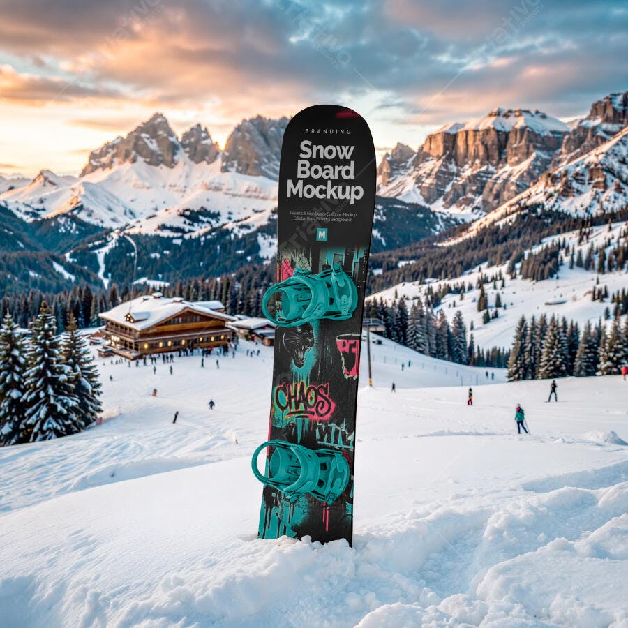 Mockup Snowboard Neve Montanha Cenário Inverno Editável