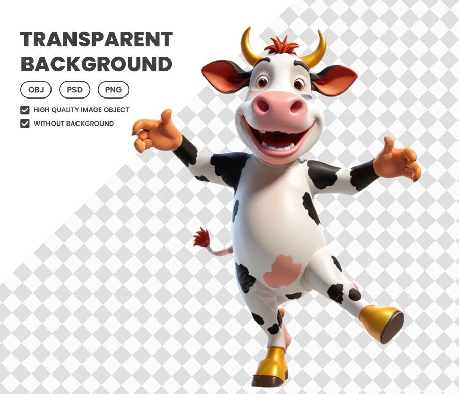 Personagem 3D Vaca Feliz Dançando PNG Fundo Transparente