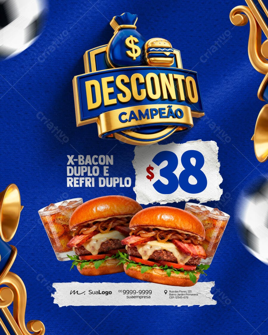 Post Instagram Hamburgueria Desconto Campeão PSD Editável