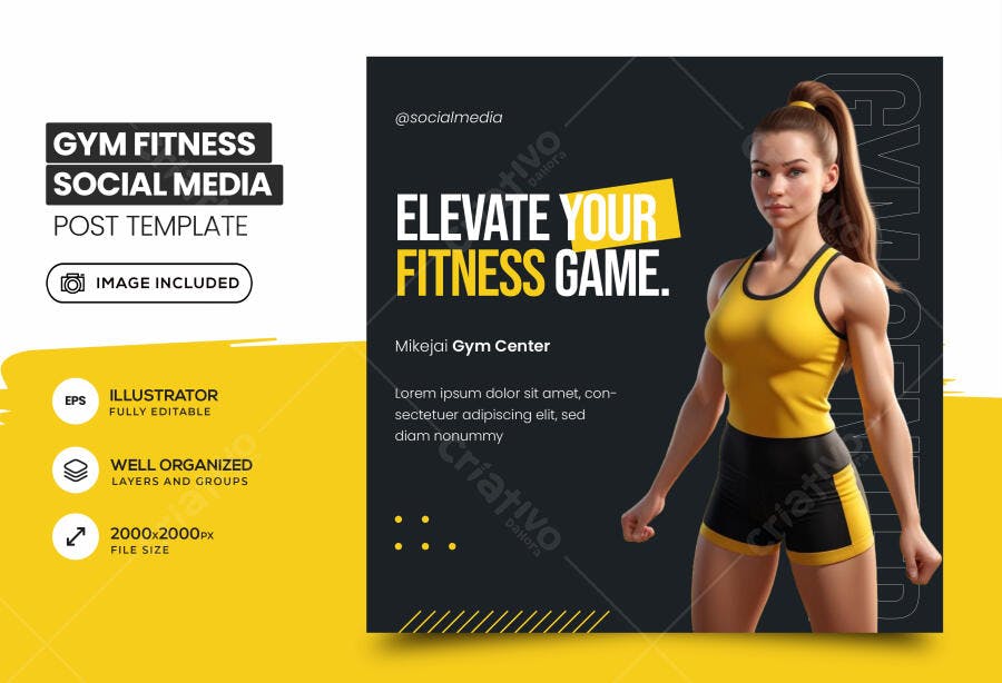 Post Redes Sociais Academia Fitness Amarelo Preto