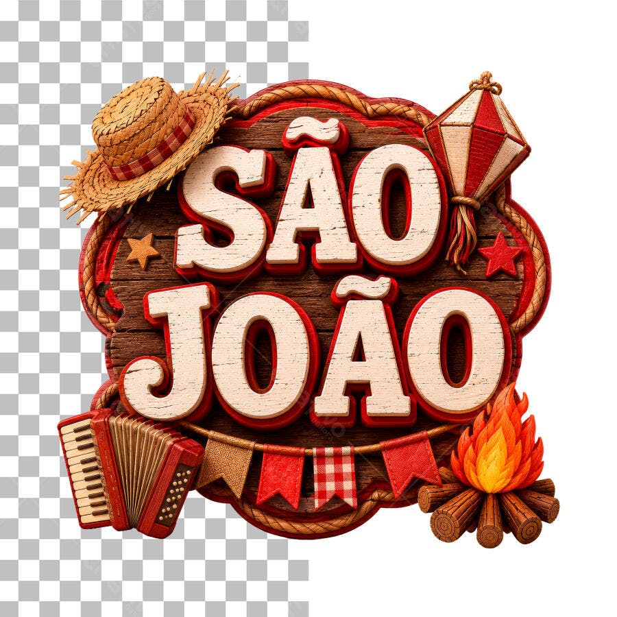 Selo 3D São João Festa Junina Placa Madeira PNG Transparente