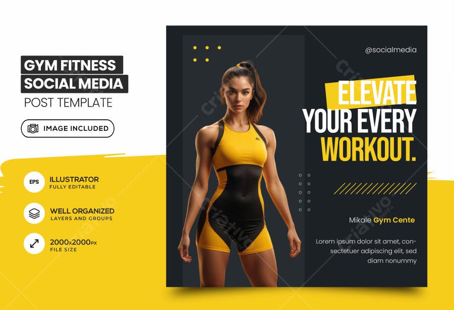 Template Post Instagram Academia Fitness Amarelo Preto