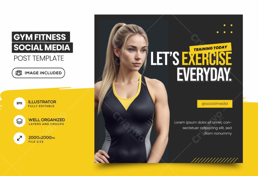 Template Post Instagram Academia Fitness Preto Amarelo