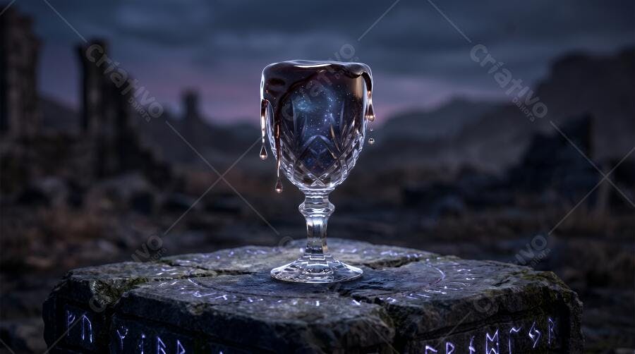Cálice de Cristal com Líquido Escuro em Ruínas Místicas
