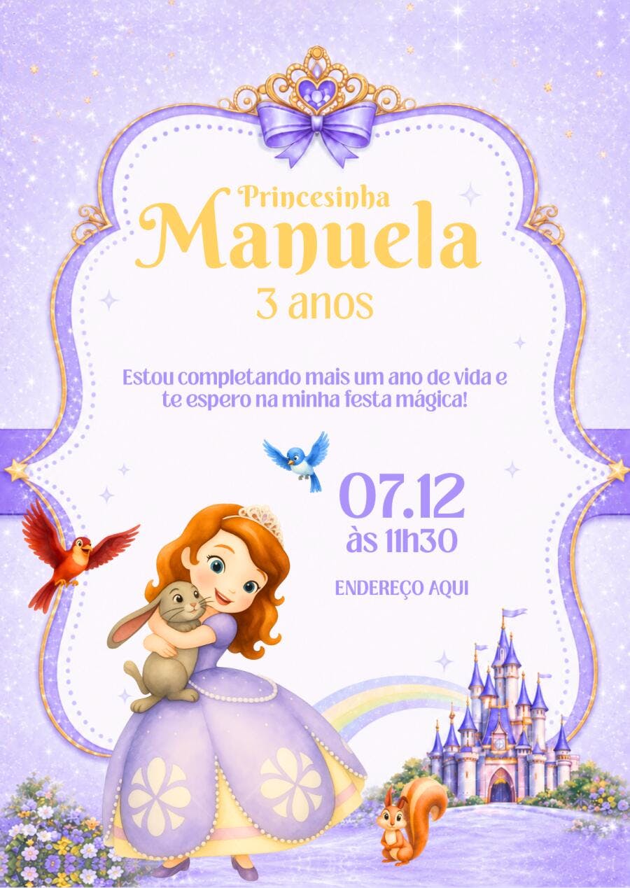 Convite Aniversário Princesa Sofia 3 Anos Editável